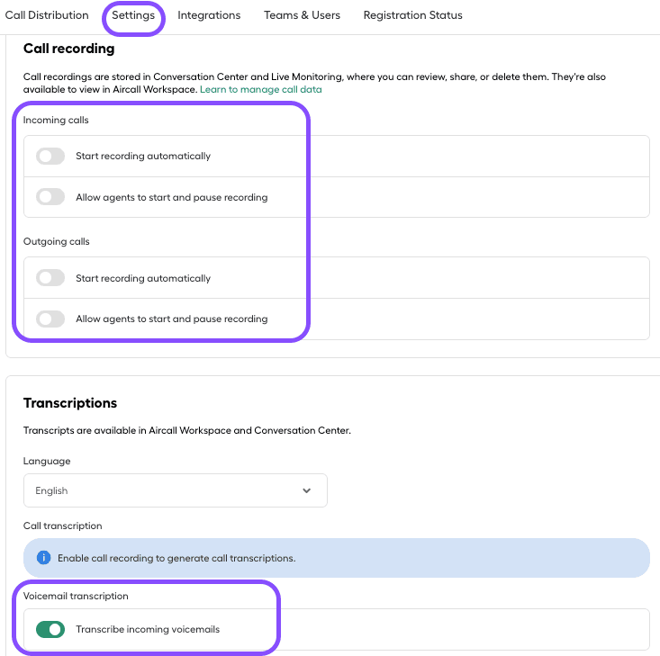 Immagine che mostra le opzioni di registrazione e trascrizione delle chiamate