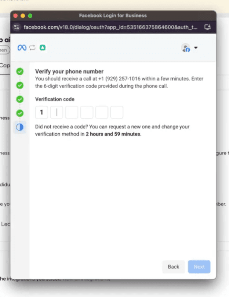 Schermata Facebook Login for Business che richiede di verificare un numero di telefono inserendo un codice a sei cifre ricevuto tramite chiamata telefonica.
