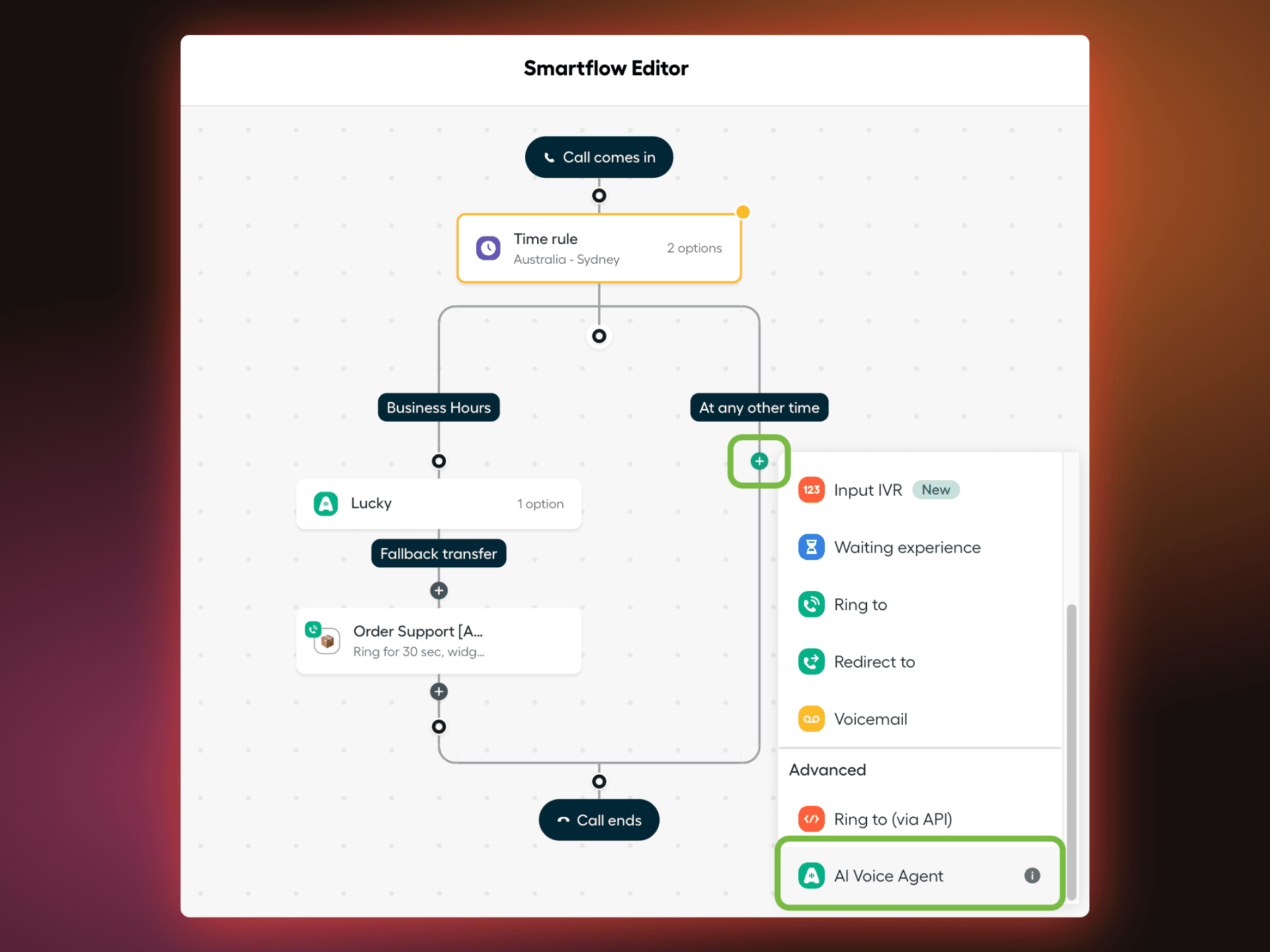Editor Smartflow che mostra il widget Agente vocale IA aggiunto a un Flusso delle chiamate, con il trasferimento di fallback configurato