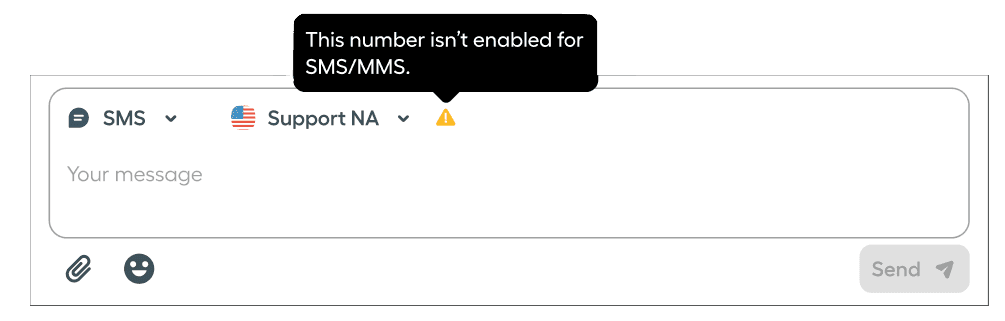 Un primo piano della barra di immissione dei messaggi in Aircall Workspace che mostra un avviso: “Questo Numero non è abilitato per SMS/MMS”. Il pulsante di invio è disattivato, impedendo all'utente di inviare un messaggio..png
