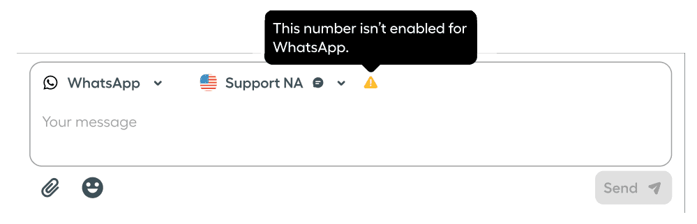 Un altro primo piano della barra di immissione dei messaggi di Aircall Workspace, questa volta con l'avviso “Questo Numero non è abilitato per WhatsApp”. L'icona di WhatsApp appare accanto al campo del messaggio e il pulsante di invio è disabilitato..png
