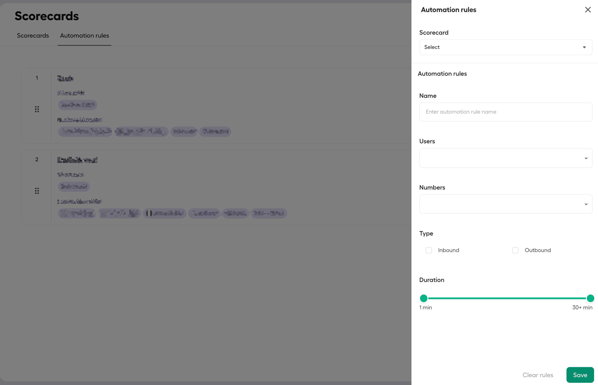 Aircall Scorecards page with Automation rules panel open, allowing users to configure scorecard, users, numbers, call type, and duration