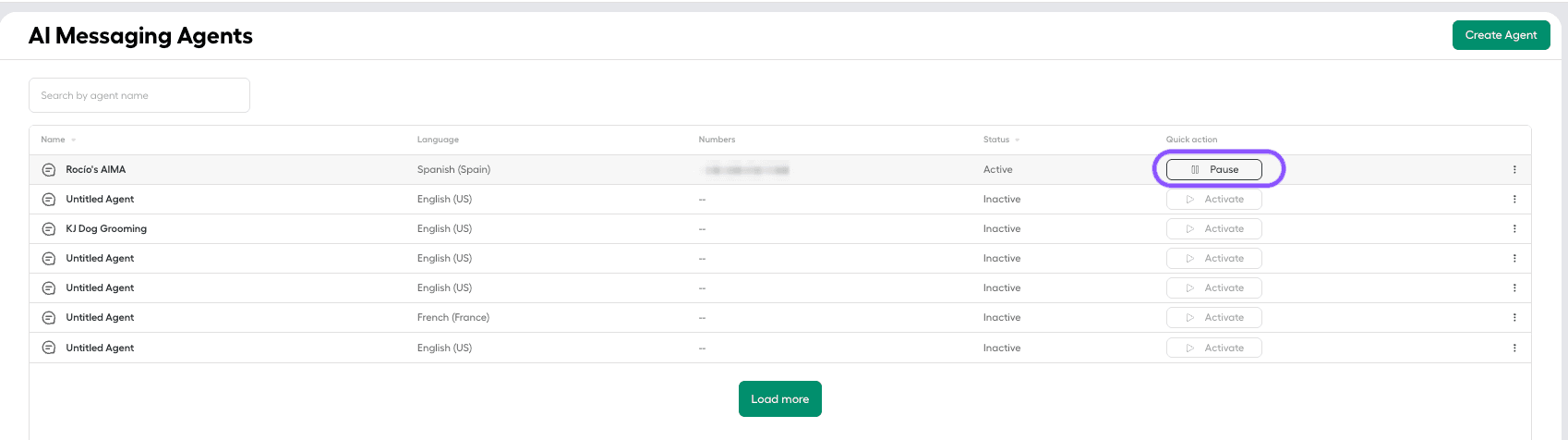Image showing the pause button under the quick action column
