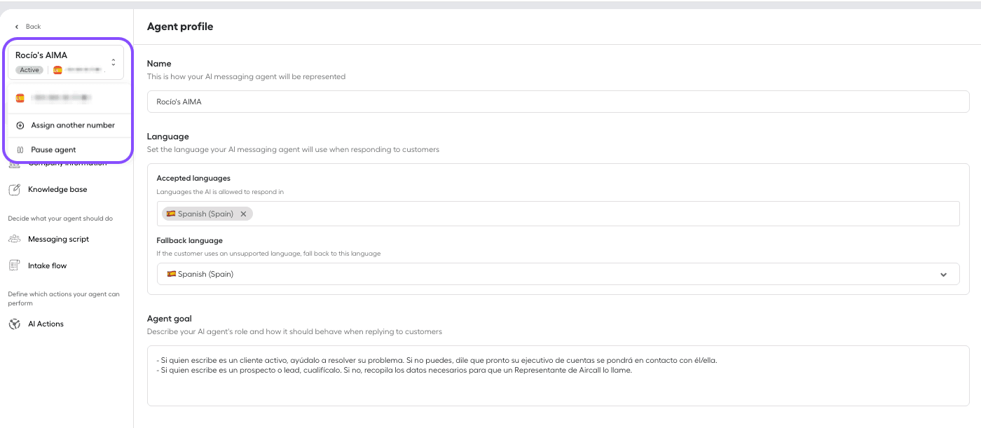 Pause agent option in the settings view.
