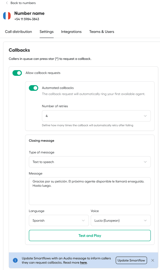 Impostazioni di Richiamata nel Dashboard Aircall con le opzioni di richiamata automatica e messaggio abilitate..png