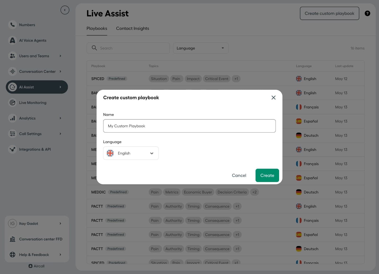 Immagine che mostra le impostazioni per creare un playbook personalizzato