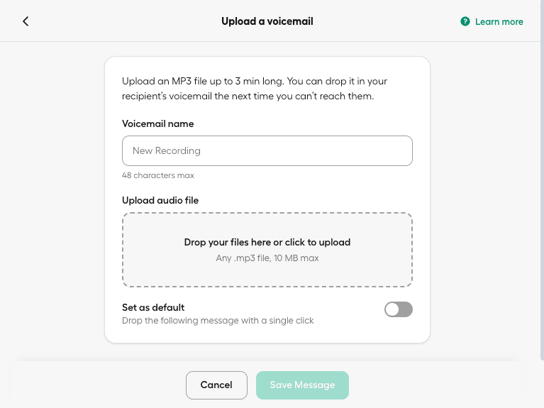 upload a voicemail window