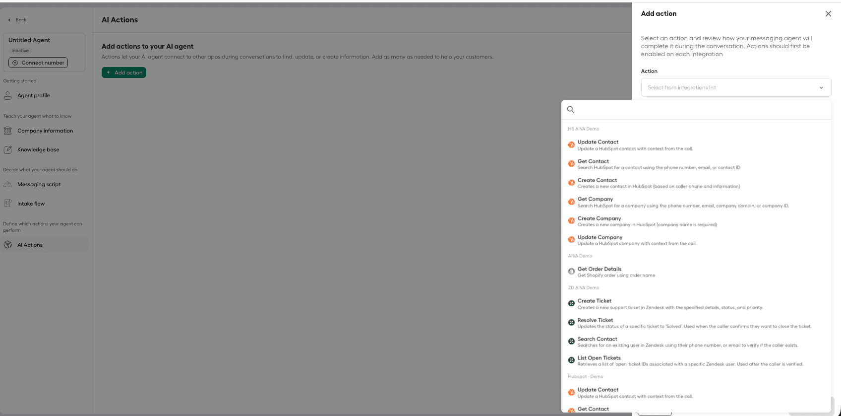 Immagine che mostra il menu a discesa delle azioni IA