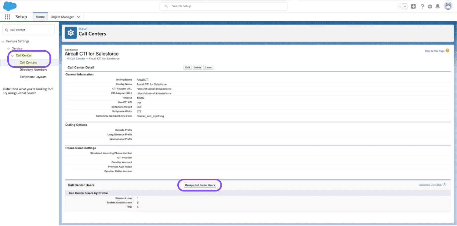 Immagine che mostra dove trovare il pulsante Gestisci call center