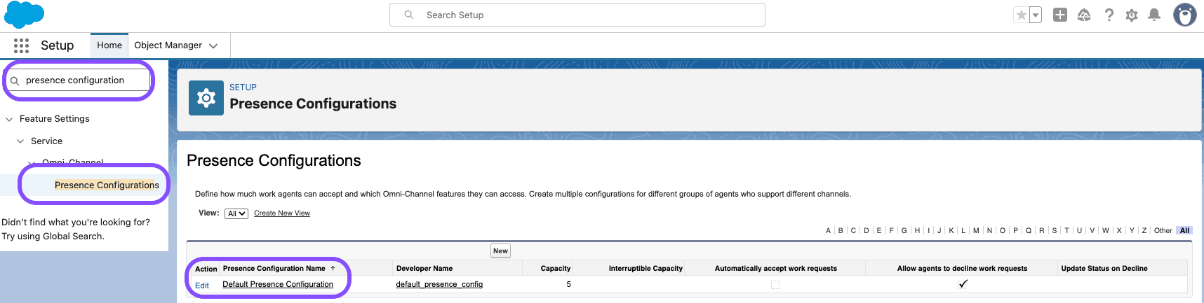Immagine che mostra come accedere alla Configurazione presenza predefinita