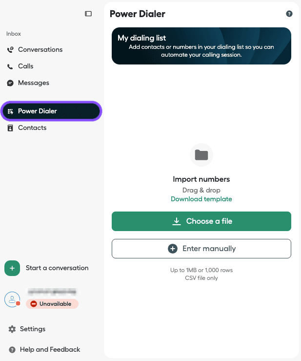 Immagine che mostra come accedere a Power dialer da Aircall Workspace