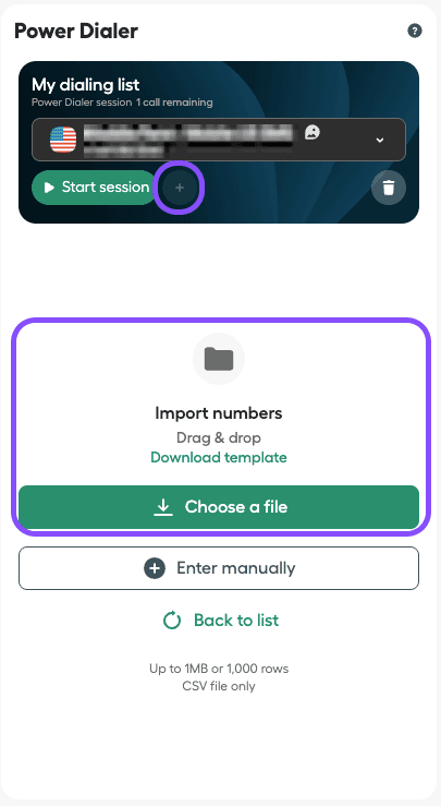 Immagine che mostra come importare Numeri dal Power dialer