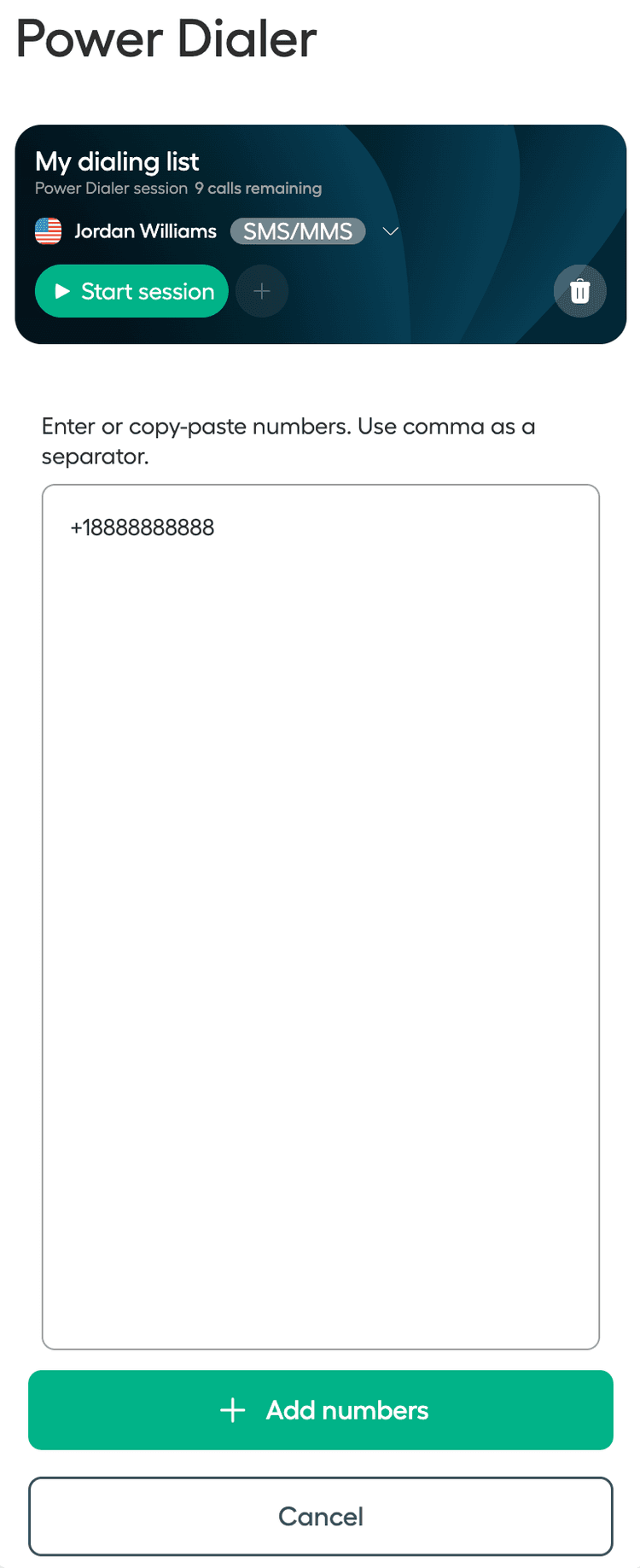 Immagine che mostra come aggiungere manualmente Numeri nel Power dialer