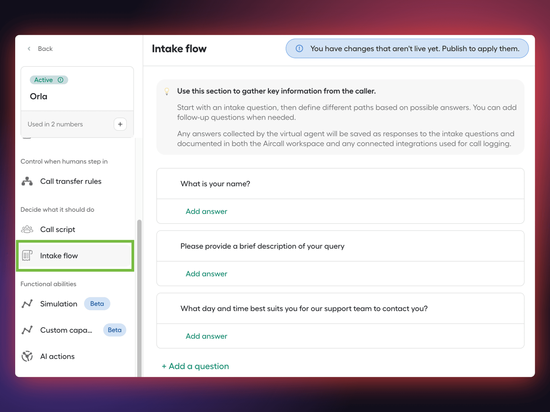 image showing intake questions configuration