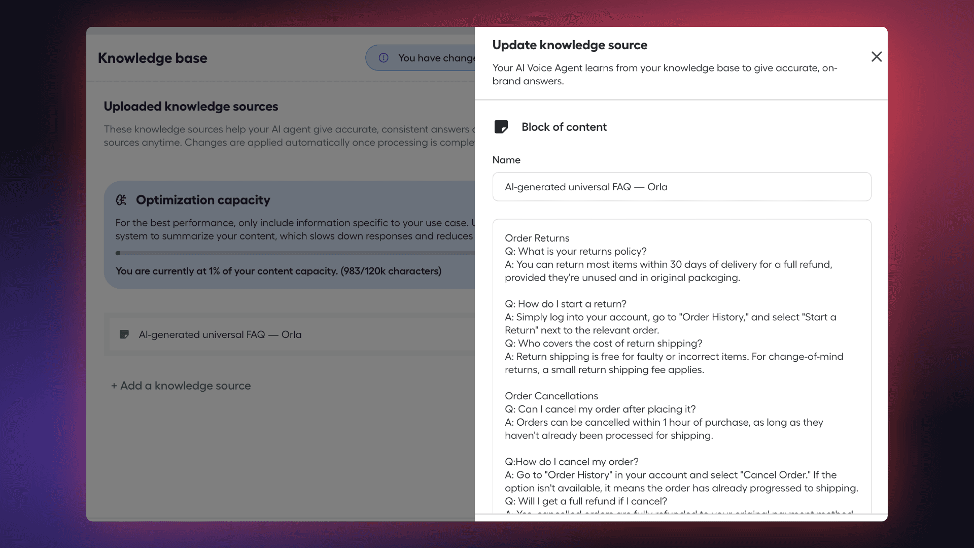 Image showing knowledge sources config window
