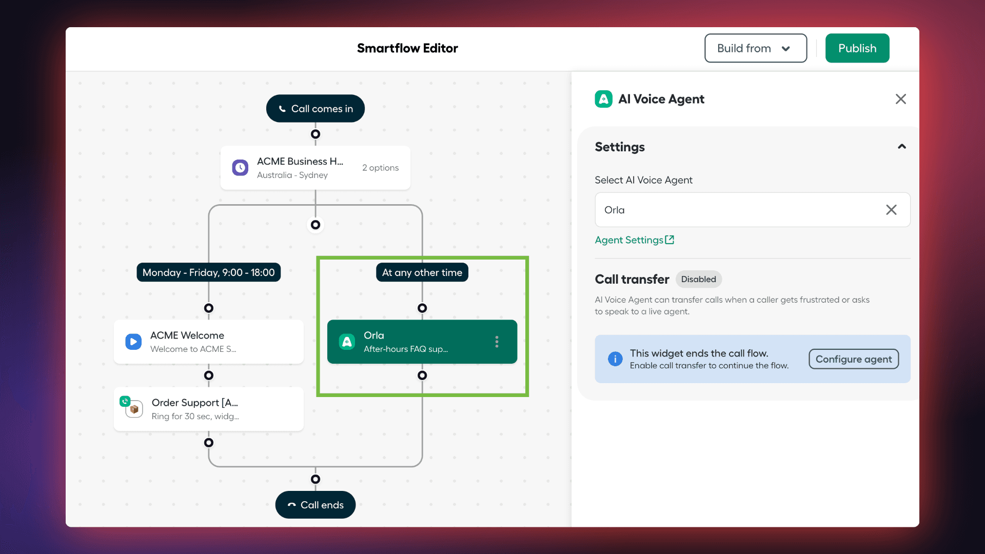 Image showing the placement of the After-hours agent in the time rule widget in smartflows