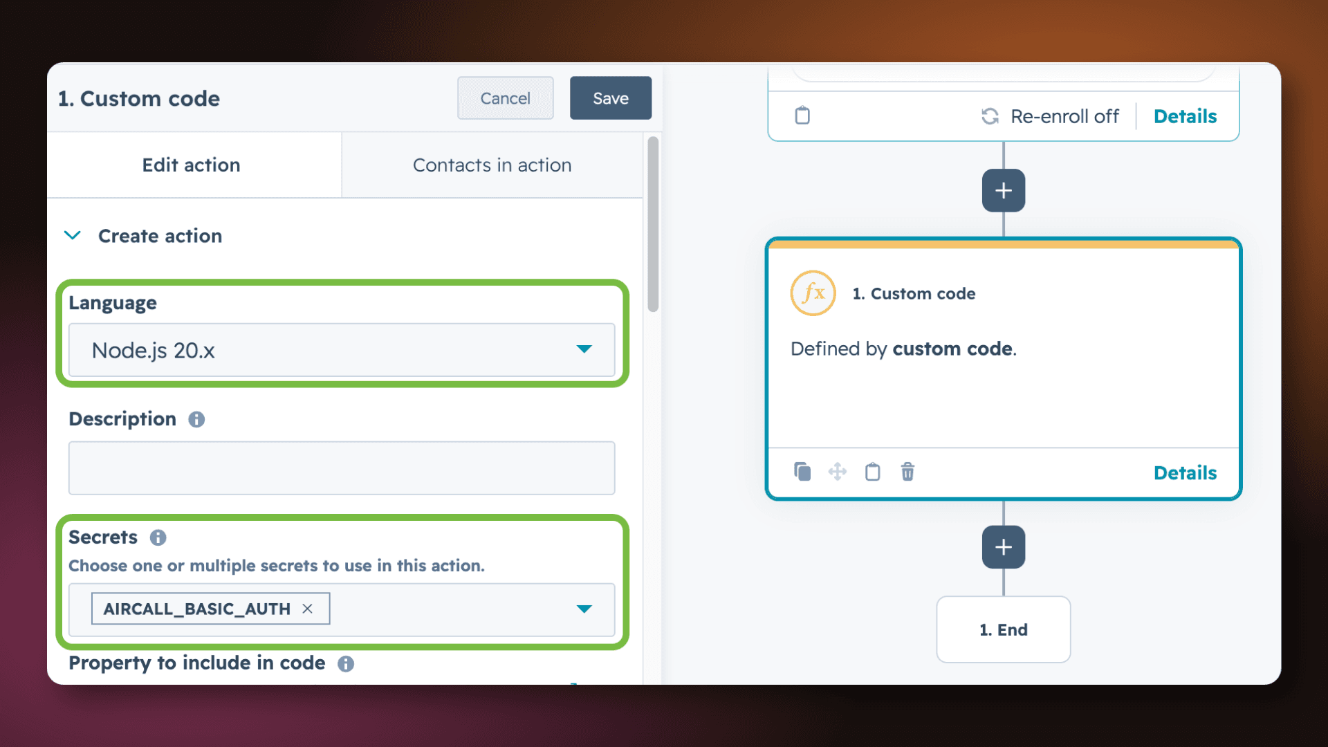 Custom code action