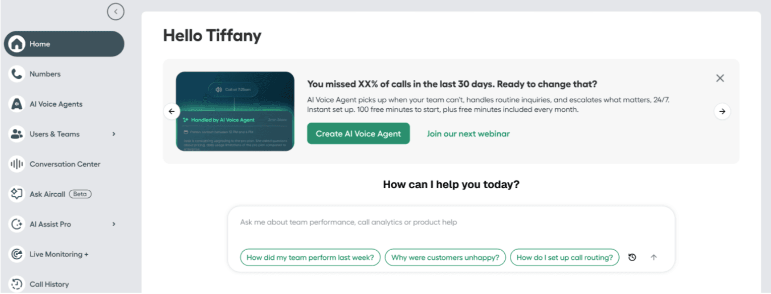 Homepage showing Ask aircall