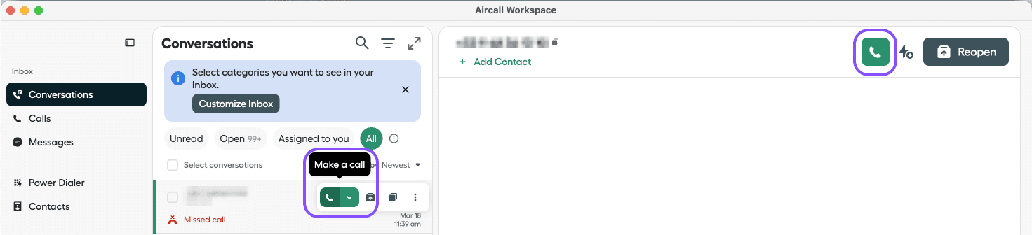 How to call from the conversation tab