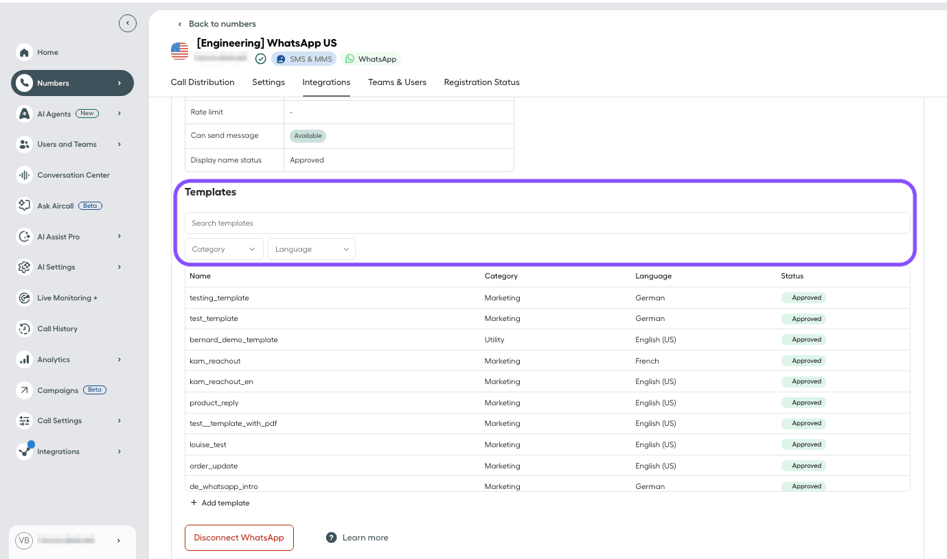 templates search bar and filters