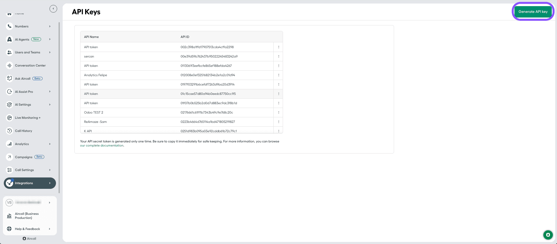 API Keys section