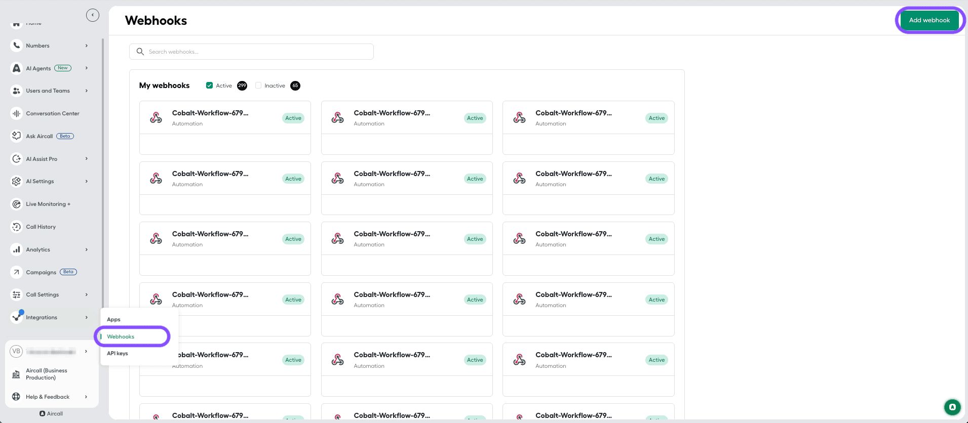Webhooks tab
