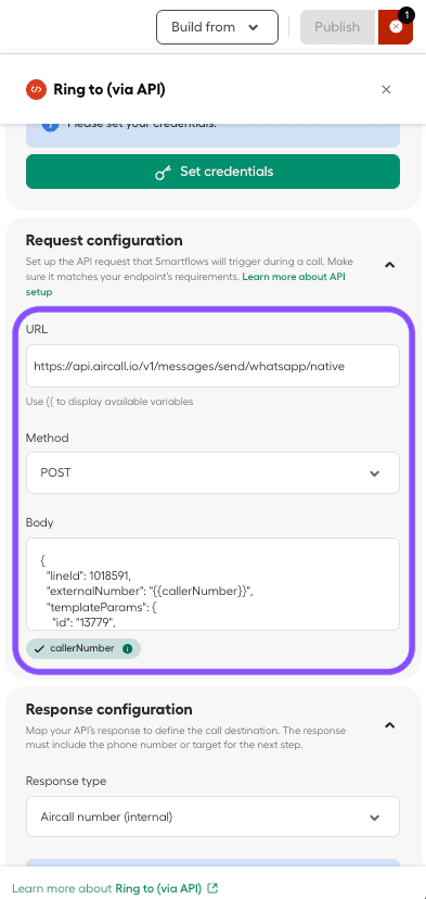 campos de configuración de la solicitud