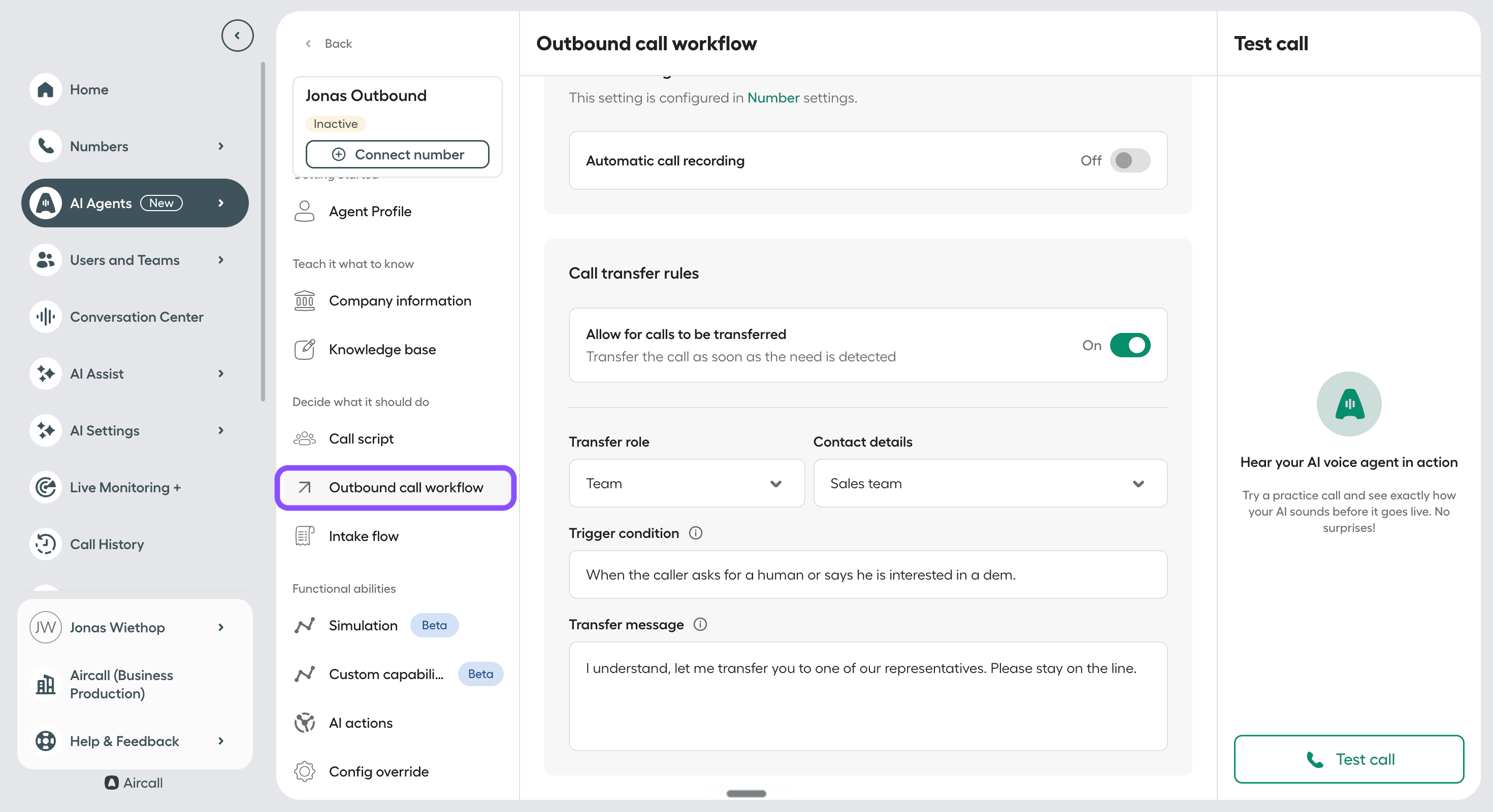 image showing outbound call workflow section