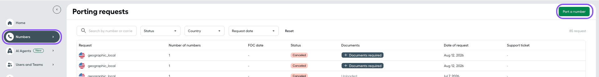 Porting requests section