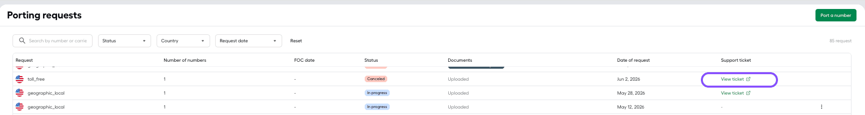 view ticket in porting requests