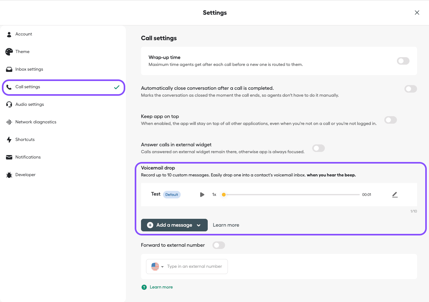 Voicemail drop in call settings