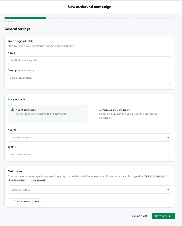 General settings, new outbound campaign