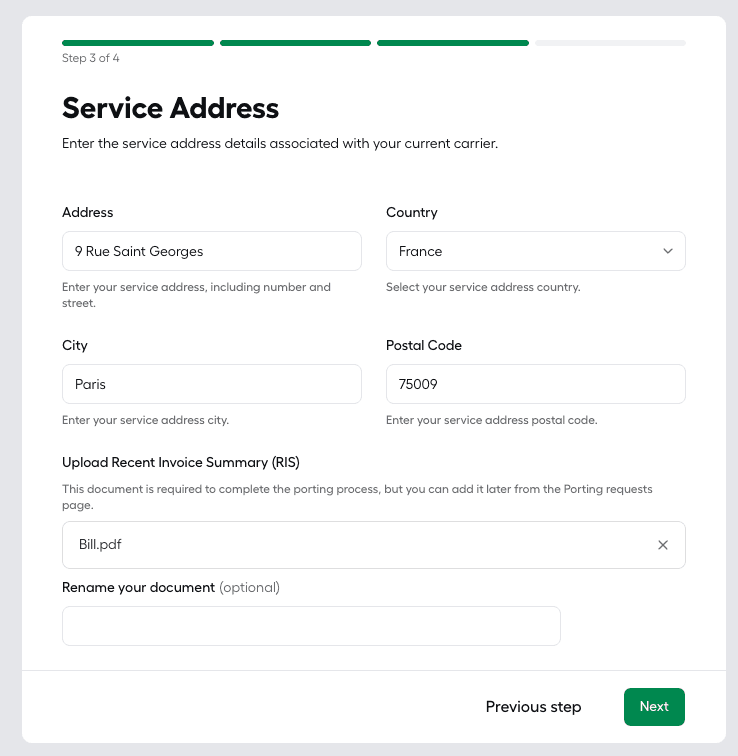Service Address" step, showing Address, Country, City, Postal Code fields and the uploaded Recent Invoice Summary