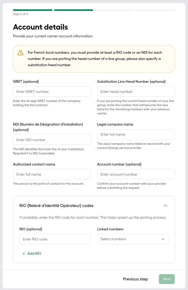 "Account details" step for geographic numbers, showing SIRET, Substitution Line Head Number, NDI, Legal company name, Authorized contact name, Account number, and RIO codes fields