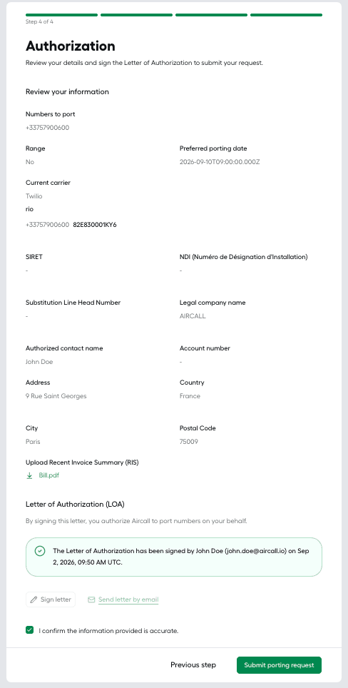 "Authorization" step showing the full review summary (numbers to port, range, preferred porting date, current carrier, RIO, SIRET, NDI, substitution line head number, legal company name, authorized contact name, address, country, city, postal code, uploaded RIS) and the signed LOA confirmation