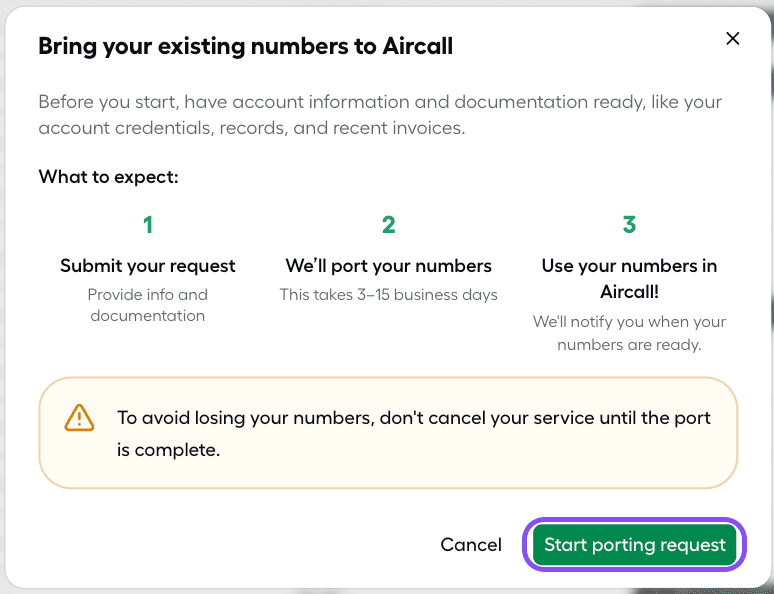 Start porting request modal
