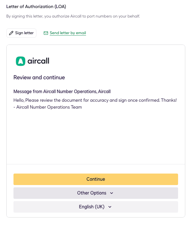 Letter of Authorization panel with "Sign letter" and "Send letter by email" options, and the embedded signing document preview