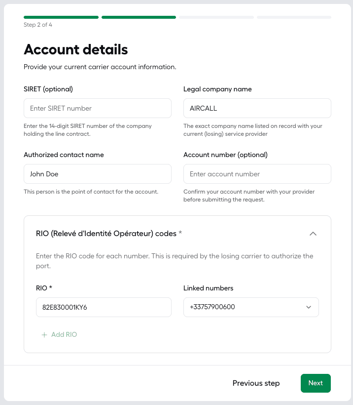 "Account details" step for mobile numbers, showing SIRET, Legal company name, Authorized contact name, Account number, and the required RIO code field