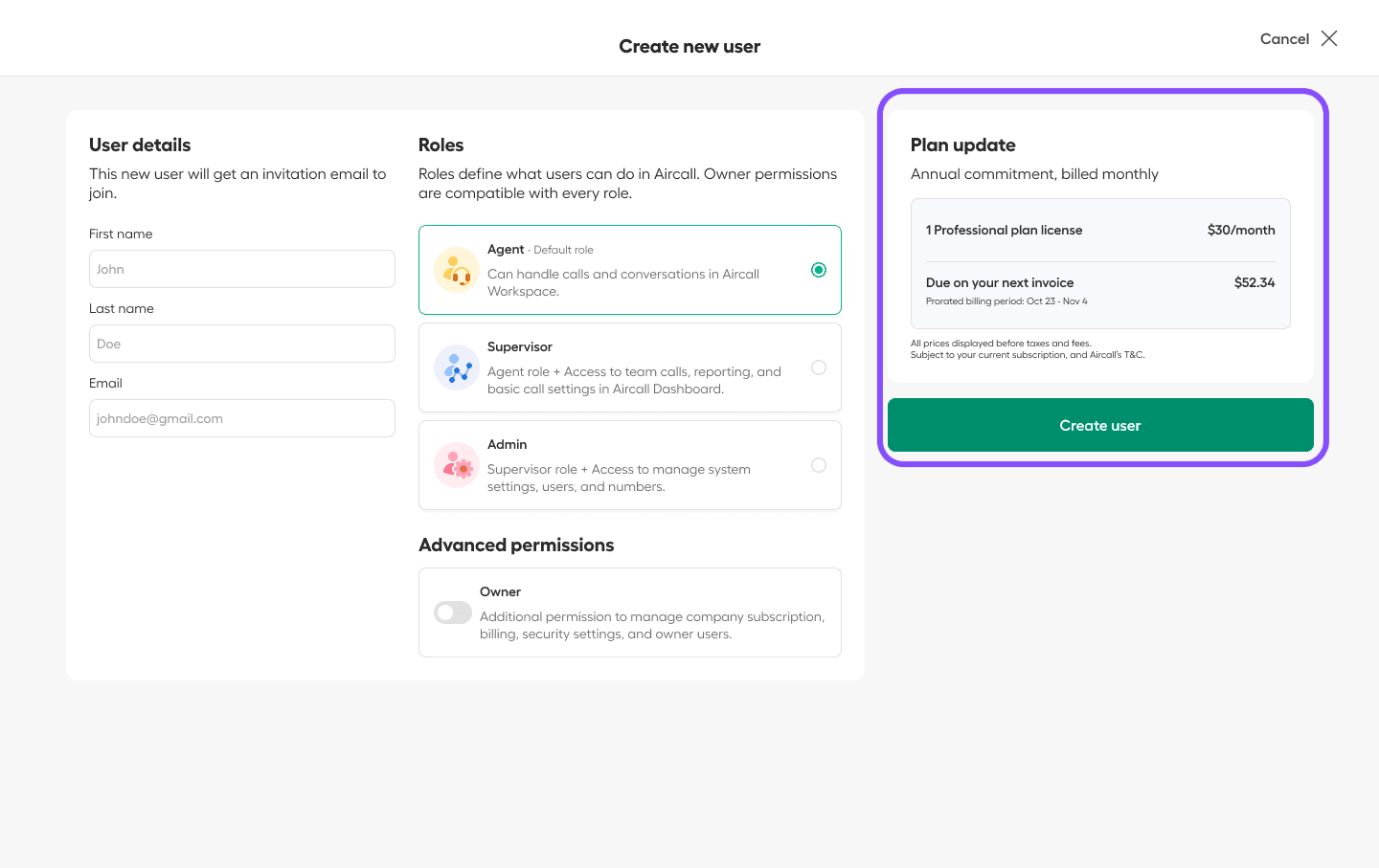 Plan update pricing shown, when necessary