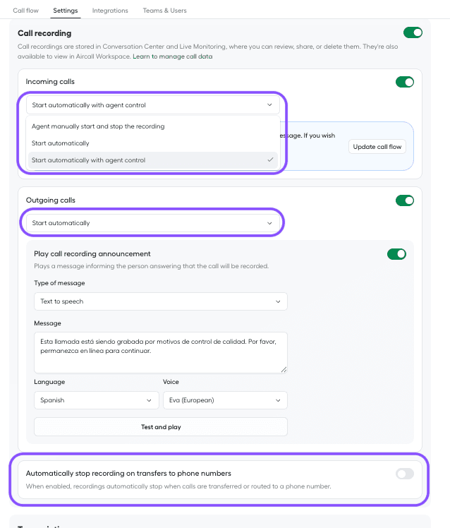 Call recording options