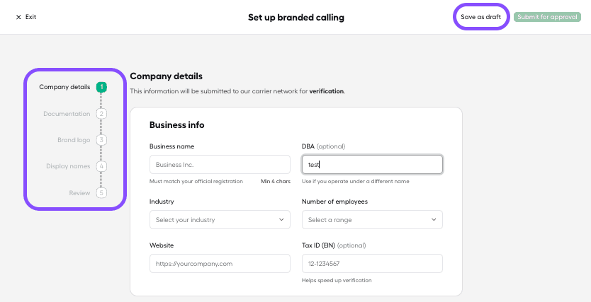 branded calling set up screen