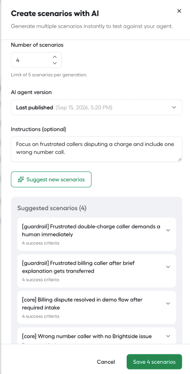 Generate scenarios panel with number of scenarios selected and an example instruction.