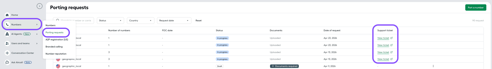 Viewing porting request ticket