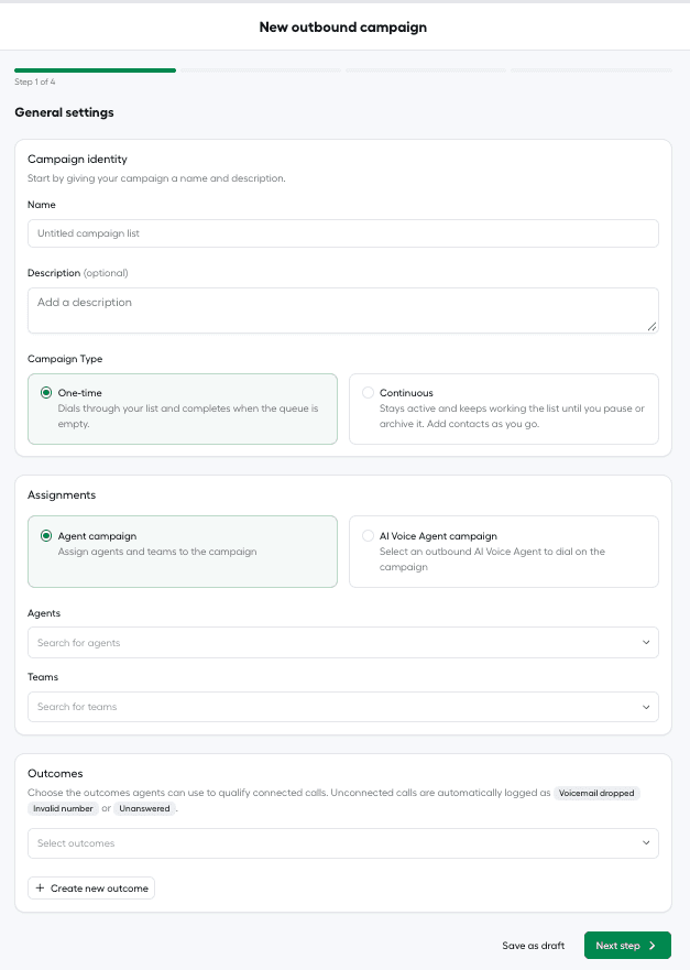 General settings - new outbound campaign