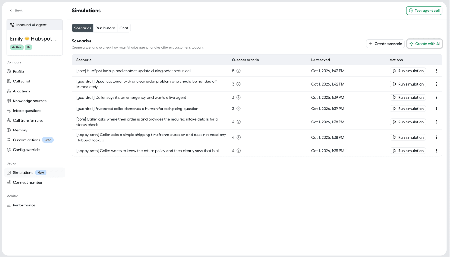 Simulations page with the Scenarios tab, left-hand menu with Simulations highlighted under Deploy