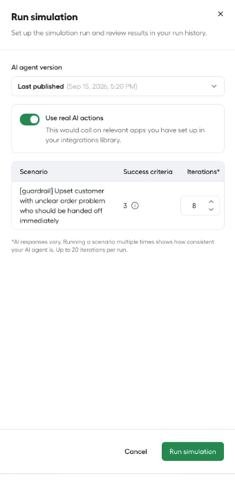 Run simulation panel with simulation name, agent version dropdown, Use real API actions toggle, and iterations selector.