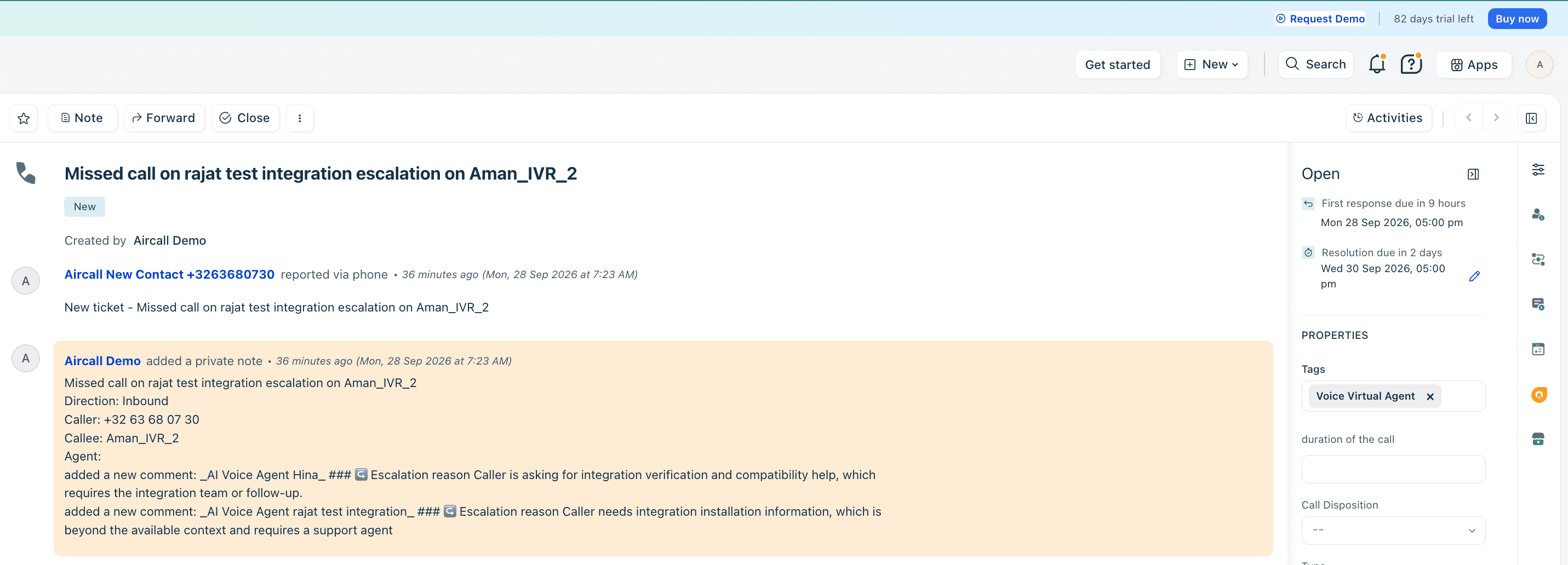 Inbound missed transfer example