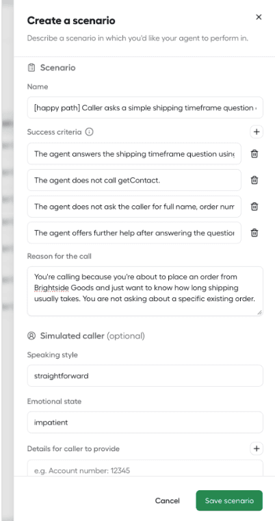 Create a scenario panel, filled in with scenario name, success criteria, reason for the call, and simulated caller details.