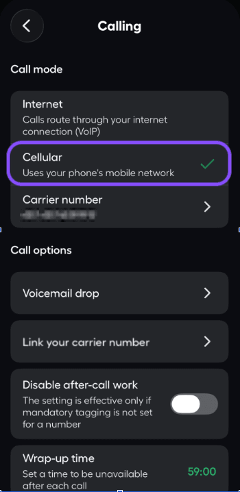 cellular option in settings